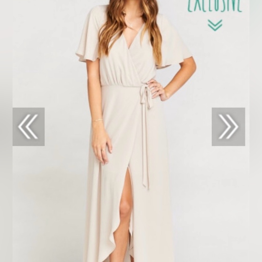 NEW Show Me Your Mumu Sophia Wrap Short Sleeve Bridesmaid Dress Beige Size Small - Picture 2 of 16